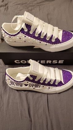 Purple and White Adult Tennis Shoes With Pearl's and Rhinestones Bling - Etsy Outfit With Pearls, Bedazzled Stuff, Tie Sneakers, Pretty Sneakers, Beaded Shoes, Pretty Shoes Sneakers, Moreno Valley, Bling Shoes, Knitted Slippers