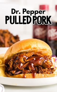 a pulled pork sandwich on a plate with fries and coleslaw in the background