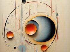 an abstract painting with orange and black circles