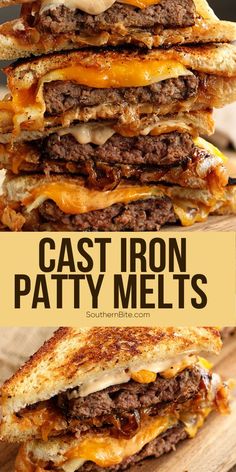 a stack of grilled cheeseburger sandwiches with the title cast iron patty melts