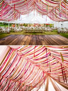 the inside and outside of a tent decorated with red, white and pink streamers