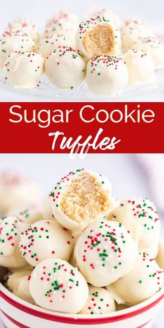 sugar cookie truffles with sprinkles in a red and white striped bowl