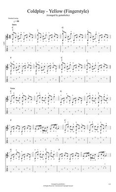 the guitar tab that shows how to play cold yellow fingerstyles on an electric guitar