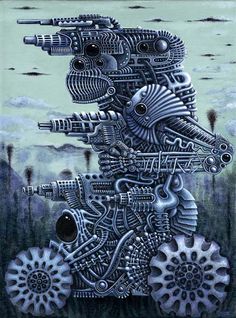 a painting with many different types of machinery on it's face and wheels in the foreground