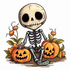 a skeleton sitting next to two pumpkins