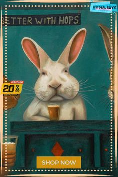 a painting of a white rabbit holding a cup in front of it's face