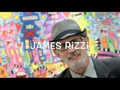 a man wearing a hat and glasses standing in front of a colorful wall with words that read james rizzi