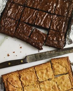 two pieces of chocolate brownie next to a knife