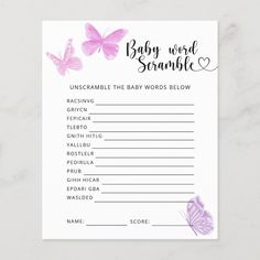 the baby word scramble game is shown with butterflies in pink and purple on white paper