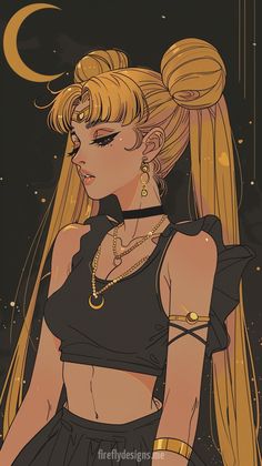 a drawing of a woman with long blonde hair wearing a black top and gold jewelry