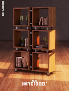 a book shelf with books and plants in it on a wood floored room surface