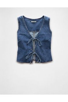 AE denim/V-neck/Bowtie detail Denim Vest Pattern Sewing, Denim Tie Top, Fitted Denim Vest, Fun Clothes Aesthetic, Zara Denim Top, Denim Vest Diy, Denim Tops Women, Cute Style Outfits, Christmas Casual Outfits