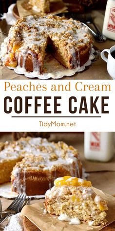 peaches and cream coffee cake on a cutting board with a slice cut from it