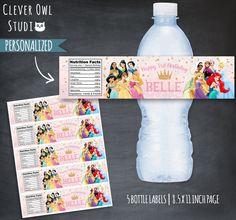 a water bottle label with an image of princesses and the words, happy birthday