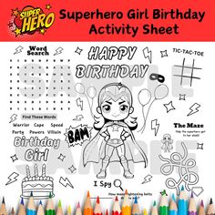 Superhero Girl Birthday Activity Sheet for Kids - Printable   This is a wonderful  Superhero Activity Sheet. You will see baseball items to color in as well as lots of wording to also color in. Tic-tac-toe game, word search game and a maze. Great for birthday parties for some extra fun activities.            What's included:   1 Page 8.5 x 11 in landscape format  Coloring- Maze- Word Search - Tic Tac Toe - I spy      Instant Download after purchase     This is a digital item-     You print at home or any print location near you          Due to the nature of digital items once paid for you will receive the download. These are non returnable/non refundable. You can print these as many times as you like for your child to color on. If you should have any issues with downloading file after purc Superhero Printables Free, Super Hero Coloring Sheets, Superhero Girls Birthday, Superhero Printables, Superhero Girl, Activity Placemat, Superhero Coloring, Activity Sheets For Kids, Birthday Coloring Pages