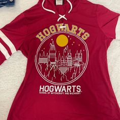 Harry Potter Hogwarts Hooded Shirt Size Medium Brand New Super Soft Material Red Hooded Tops With Letter Print, Red Hooded Top With Letter Print, Red Cotton Top With Drawstring Hood, Red Hoodie For Loungewear, Red Letter Print Hoodie Top, Red Hooded Top With Drawstring, Red Cotton Hoodie Top, Red Hooded Top With Graphic Print, Casual Red Hooded Top