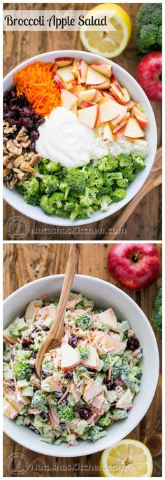 broccoli apple salad in a white bowl