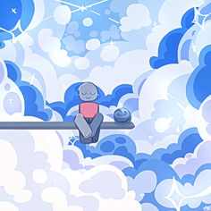 a person sitting on a ledge in front of blue clouds with white stars and dots