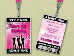 two pink and black ticket tags with girls on them, one is for an event