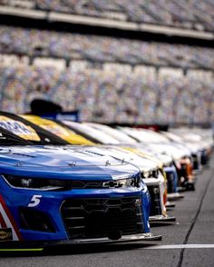 many cars lined up in a row on the track at a nascar race, all painted blue and yellow