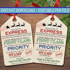 two christmas gift tags with santa's sleigh on them