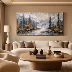 a living room filled with furniture and a large painting on the wall above it's coffee table