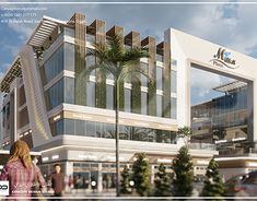 an architectural rendering of a building with palm trees on the outside and people walking in front