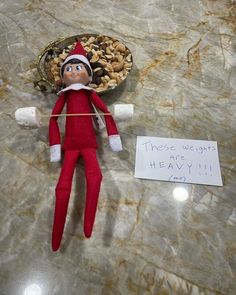 an elf is lying on the floor next to a bowl of nuts and a sign