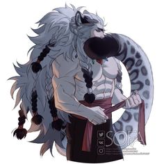 an anime character with long hair and a white wolf like face, holding a black object in his right hand