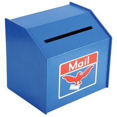 a blue mailbox with an eagle on the front and red lettering that says mail