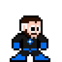 a pixellated image of a man in black and blue