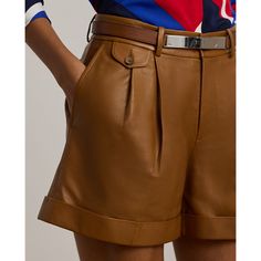 Rendered in sumptuous lambskin leather these high-rise shorts offer a luxurious take on a warm-weather staple. Crisp pleats back waist darts and folded cuffs add a tailored finish. High Rise Shorts, Lambskin Leather, Short Outfits, Warm Weather, High Rise, Ralph Lauren, Clothes For Women, Leather, Clothes