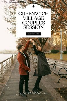 a man and woman standing next to each other in front of trees with the words greenwich village couples session