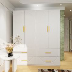 a large white closet with yellow accents in a room that has hardwood floors and walls