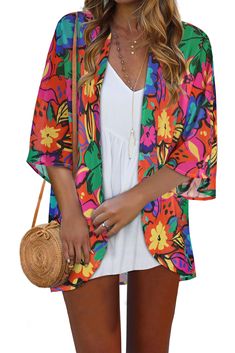 PRICES MAY VARY. Material: Kimonos for women are made of light and soft chiffon fabric. Summer cardigan is comfortable to wear, highly breathable and flowy.The women sheer blouse adds a feminine touch while the breezy design keeps you cool and relaxed. Features:Swimsuit cover up design of open front, short sleeve, and medium length. Women summer outfits come in a variety of colors, including a classic floral print for a variety of styles. Match:Women tops awesome to add style to any outfit. The Cheap Spring Printed Halter Top, Kimono For Short Women, Cover Up Design, Women Summer Outfits, Women Kimono, Cute Summer Tops, Shopping Party, Summer Cardigan, Casual Summer Tops