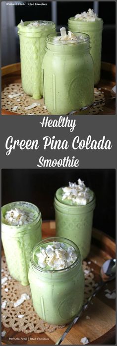 green pina cola smoothie in mason jars