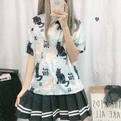 Material: made of chiffon Size: one size Size for reference: Size(cm) Shoulder Bust Length Sleeve Length One Size 57 114 57 16 Shipping: Free Shipping Worldwide for order over 15$, 7-15 days delivery to US/UK/CA/AU/FR/DE/IT and most Asia Countries Asia Countries, Chat Kawaii, Printing Shirt, Kawaii Cat, Kawaii Clothes, Printed Blouse, Unique Fashion, Peplum Top, Printed Shirts