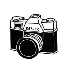 a black and white drawing of a reflexn camera with the word reflexn on it