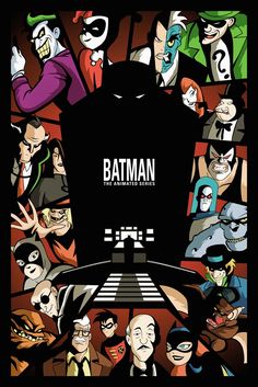 batman the animated movie poster with many different faces and characters in black and white colors