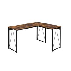 the corner desk is made out of wood and black metal frame, with a wooden top