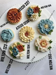 a white plate topped with lots of different types of decorated cookies on top of a table