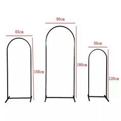 three sizes of black metal archs with measurements for each side and the top half