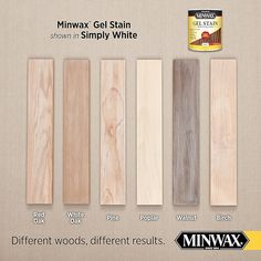 several different types of wood are shown in this ad for minwax gel stain