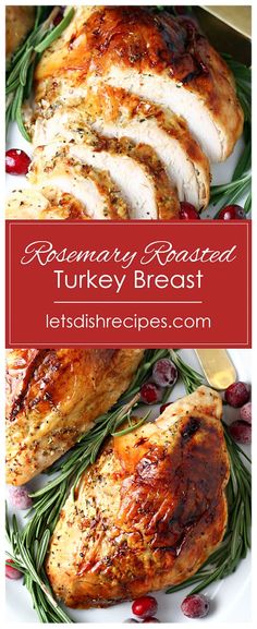 rosemary roasted turkey breast on a white plate with cranberries