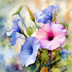 two blue and pink flowers with green leaves in the foreground, watercolor painting