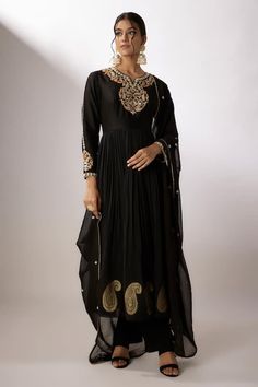 Black embroidered anarkali in chanderi base with zardosi and pearl embroidery and paisley motif work. Comes with a matching organza dupatta with zardosi work. - Aza Fashions Designer Kundan Anarkali Set With Intricate Embroidery, Unstitched Anarkali Set With Intricate Embroidery, Anarkali Set With Intricate Embroidery And Straight Kurta, Designer Anarkali Set With Intricate Embroidery For Transitional Season, Festive Anarkali Kurta With Intricate Embroidery, Navratri Anarkali Kurta With Intricate Embroidery, Festive Anarkali Traditional Wear With Intricate Embroidery, Festive Anarkali With Intricate Embroidery, Semi-stitched Anarkali Kurta With Intricate Embroidery