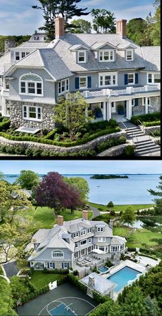 two different views of a large house with trees in the front yard and an aerial view of