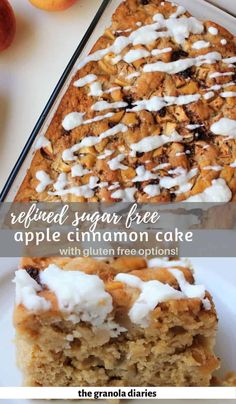 an apple cinnamon cake with cream cheese frosting on top and the words, refried sugar free apple cinnamon cake