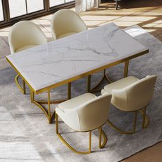 a marble dining table with four chairs and a rug on the floor in front of it