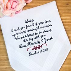 FAST TURNAROUND! QUALITY EMBROIDERY!! Wedding Handkerchief - 100% Embroidered Handkerchiefs - Please read the VERY important info below before ordering, as it includes shipping and delivery info: *I do not work with custom text. The saying and font that is pictured is what will be embroidered. The scroll is the design above the date. *Please ONLY leave me the following 3 pieces of info in the message box on the shopping cart page for your handkerchiefs: * 1 - Person to whom you are addressing at Wednesday Ships, Gift For Groom From Bride, Wedding Gift For Groom, Groom Handkerchief, Groom Wedding Gift, Second Anniversary Gift, Gift For Groom, Forever Gifts, Embroidered Handkerchief